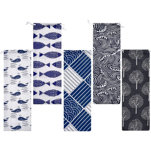 KKFEN-5 Pieces Straw Carrying Case Reusable Cutlery Pouch Portable Drawstring Bag, Storage Travel Bag for Straws, Knife, Fork, Spoon,chopsticks Stainless Steel,glass,silicone(11.7 x 3.9 Inch)