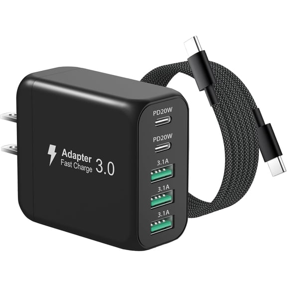 KKFEN-50W USB C Charger Block, 5-Port Fast USB C Wall Charger Multiport Type C Charging Block with 6ft Type C Cable,PD+QC Power Adapter for iPhone 17/16/15/14/13/12 Pro Max,iPad Pro/Air,Samsung Galax