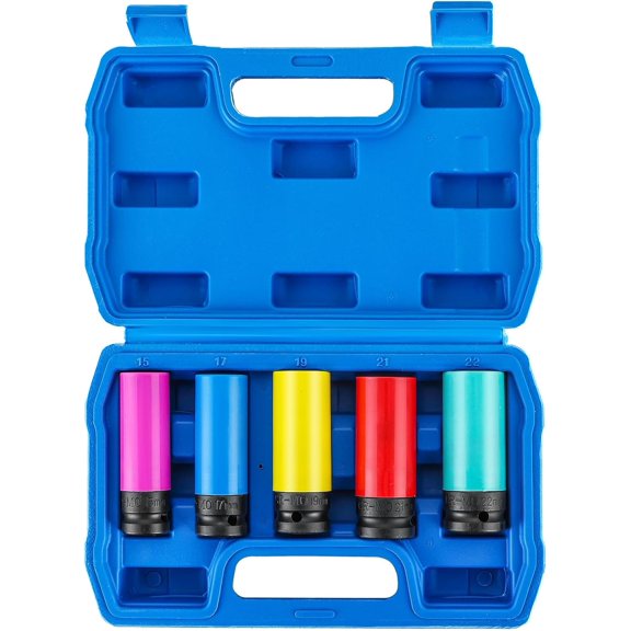 KKFEN-5PCS 1/2" Drive Impact Lug Nut Socket Set | 15 17 19 21 22 mm Wheel Protector Impact Socket Set Non-Marring Thin Wall Socket for Effortless Removal of Lug Nuts with Colored Protective Sleeve