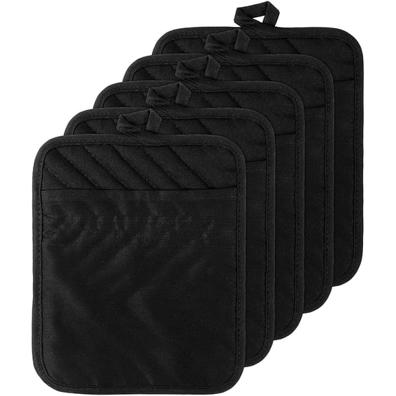 KKFEN-5Pack Cotton Pocket Pot Holder Set Kitchen Heat Resistant Potholder Machine Washable Hot Pads Bulk Oven Mitts Black Plain Hot Pads Trivet for Baking Cooking with Pocket 7x9