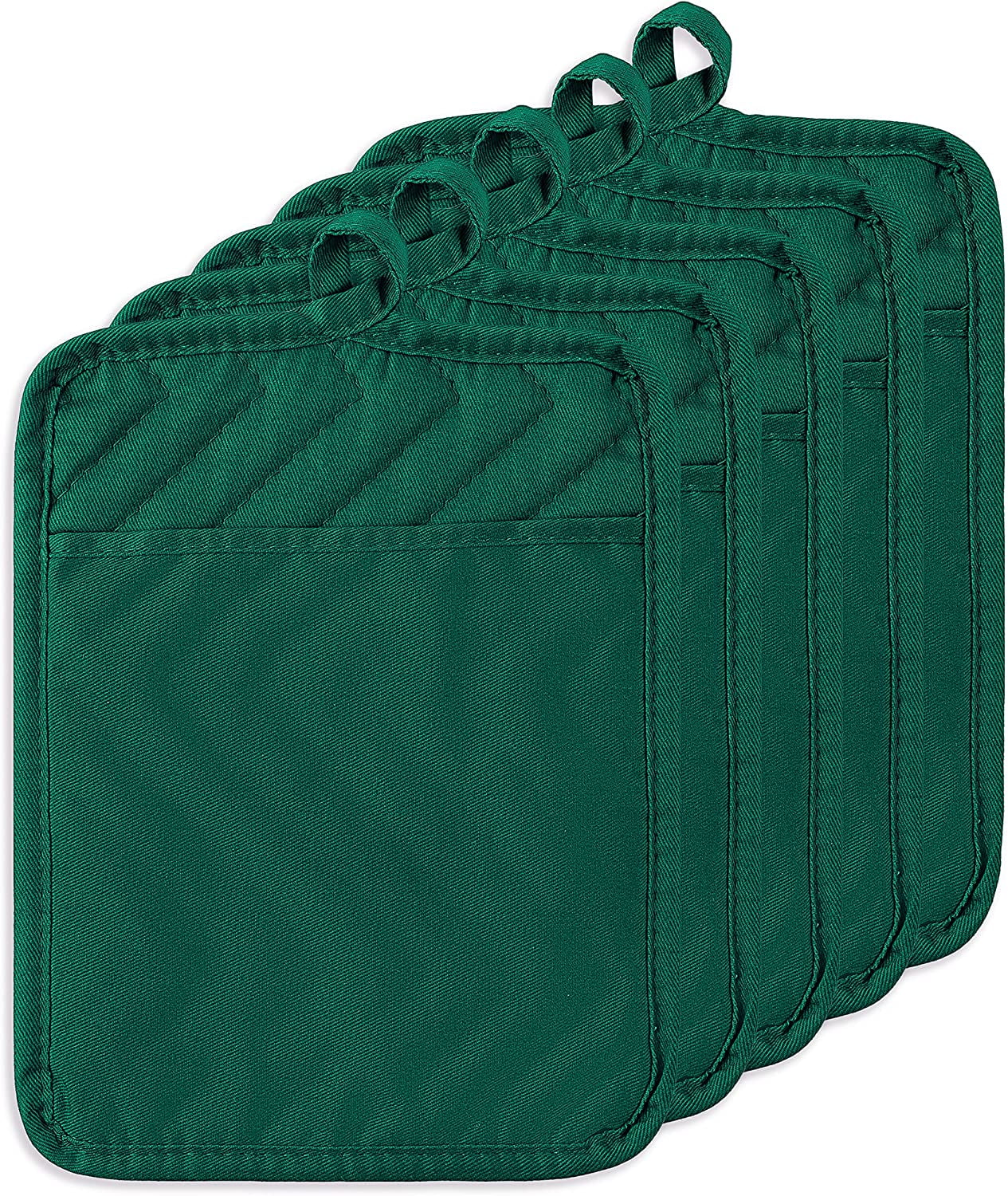 KKFEN-5Pack Pocket Pot Holders Cotton Heat Resistant Potholder Multipurpose Hot Pads Machine Washable Oven Mitts Heat Pads for Daily Kitchen Baking and Cooking 8.9 x 6.9 in Dark Green