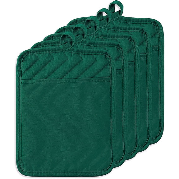 KKFEN-5Pack Pocket Pot Holders Cotton Heat Resistant Potholder Multipurpose Hot Pads Machine Washable Oven Mitts Heat Pads for Daily Kitchen Baking and Cooking 8.9 x 6.9 in Dark Green
