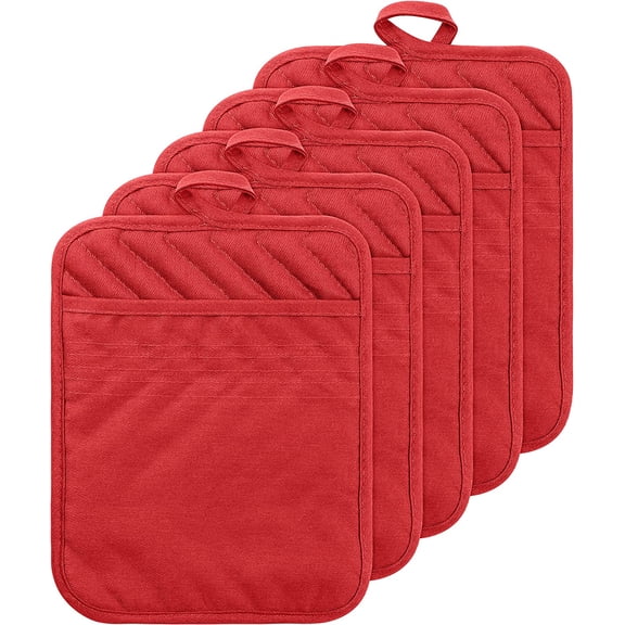 KKFEN-5Pack Pocket Pot Holders Cotton Heat Resistant Potholder Multipurpose Hot Pads Machine Washable Oven Mitts Potholders Bulk for Daily Kitchen Baking and Cooking 7 x 9 Inch Red