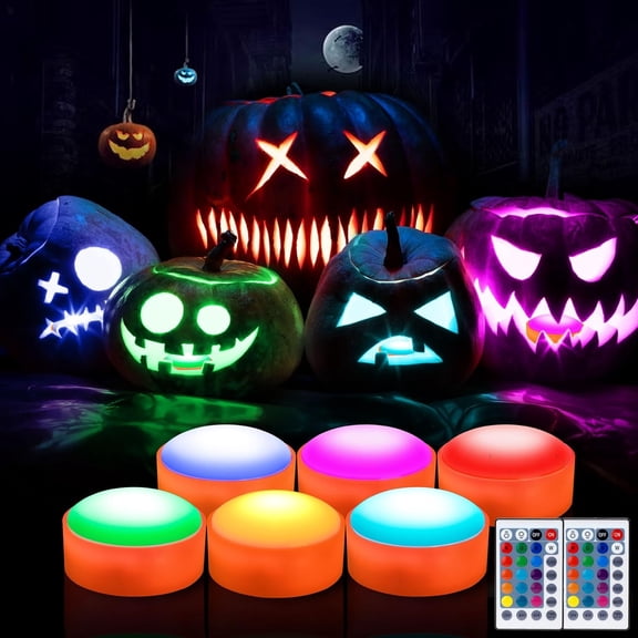 KKFEN-6 PCS RGB Halloween Pumpkin Light with Remote Timer Dimmable, LED Flickering Jack-O-Lantern Lights Outdoor, Color Changing Light, Pumpkin Tea Light Candle Battery Operated for Halloween Decor