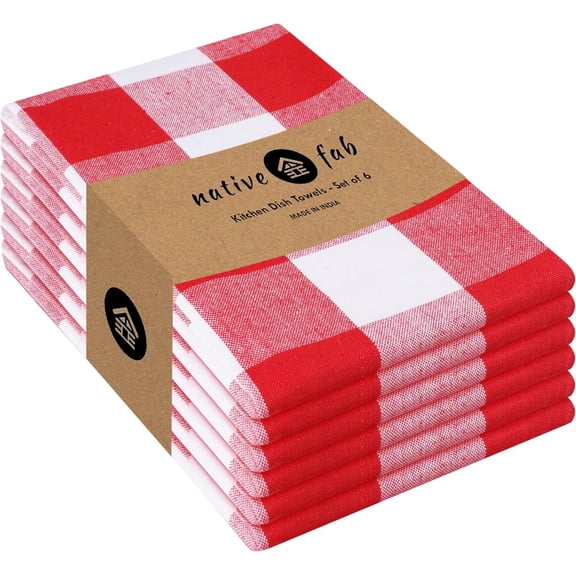 KKFEN-6-Pack Kitchen Towel with Hanging Loop 16x26 inches, Cotton Buffalo Check Kitchen Towels for Cleaning Drying, Washcloths Soft & Absorbent Cloth Rags, Bar Towel, Dish Cloth, Red