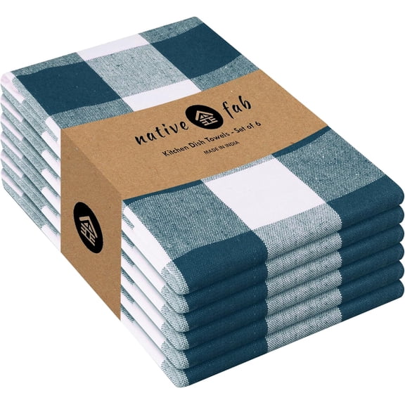 KKFEN-6-Pack Kitchen Towel with Hanging Loop 16x26 inches, Cotton Buffalo Check Kitchen Towels for Cleaning Drying, Washcloths Soft & Absorbent Cloth Rags, Bar Towel, Dish Cloth, Teal Green