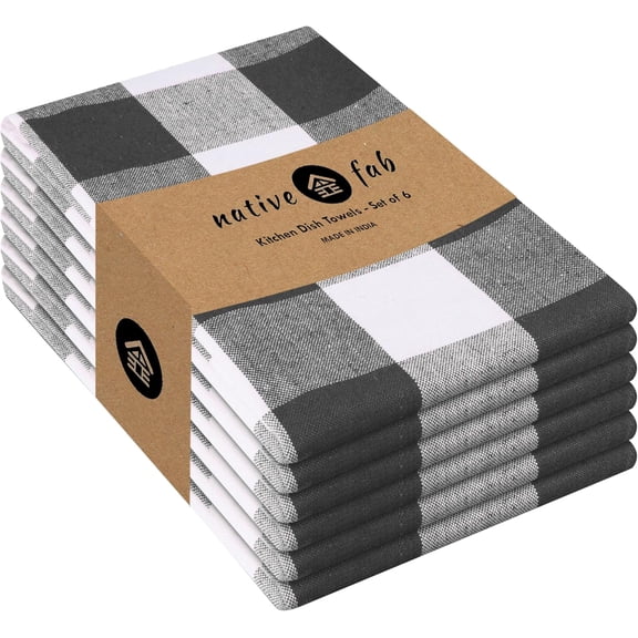 KKFEN-6-Pack Kitchen Towel with Hanging Loop 16x26 inches, Cotton Buffalo Check Kitchen Towels for Cleaning Drying, Washcloths Soft & Absorbent Cloth Rags, Bar Towel, Dish Cloth, Grey