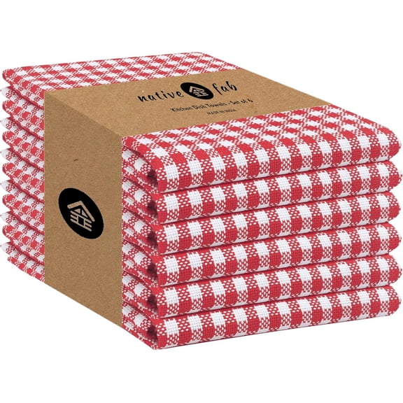 KKFEN-6 Pack Kitchen Towel with Hanging Loop 16x26 inches, Cotton Gingham Check Dish Towels for Cleaning & Drying Dishes, Absorbent Cloth Rags, Bar Towel, Dish Cloth Set, Red White