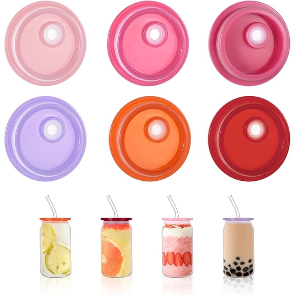 KKFEN-6 Pcs Acrylic Lids for 16 Oz Glass Cups, Candy Color Can Straw Lids for Glass Cups Acrylic Replacement Reusable 16oz for 2.3 inch/58 mm Internal Diameter Iced Coffee Cup Beer Can Soda Milk Tea