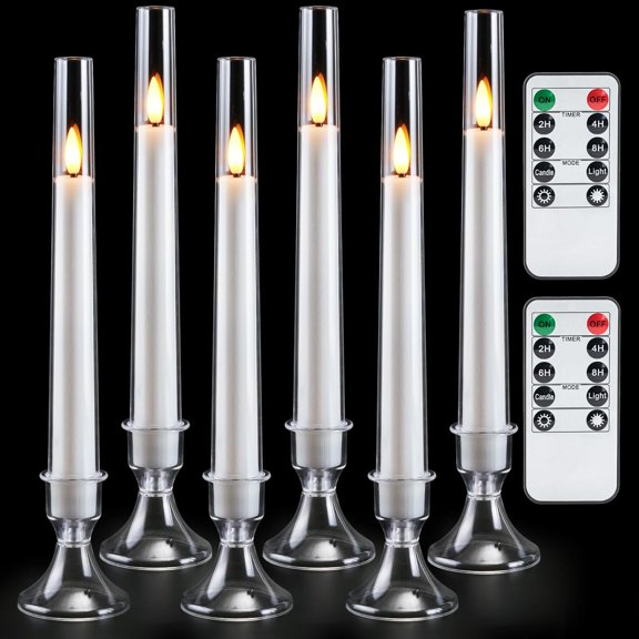KKFEN-6 Pcs Flameless Taper LED Candles with Remote and Timer, 3D Wick Flickering, Window Candles with 2 Light Modes, Battery Operated for Xmas Wedding Decor, 9.6 Inch
