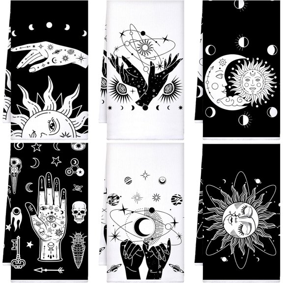 KKFEN-6 Pcs Gothic Kitchen Towels Spooky Tarot Dish Hand Towels Moon Sun Witch Tea Washcloth for Horror Party Gifts Bathroom Kitchen Goth Decor 24 x 16''
