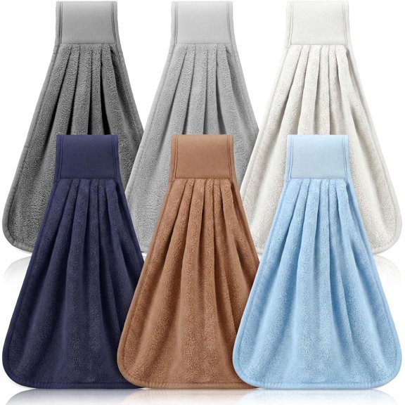 KKFEN-6 Pcs Kitchen Hanging Towel with Hanging Loop Absorbent Coral Fleece Kitchen Tie Towels Rustic Bathroom Dish Cloth Soft Thick Dry Cleaning Hand Dishcloths for Home Bathroom Cooking(Neutral)