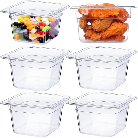 KKFEN-6 Pcs Plastic Clear Food Pans 1/6 Size Stackable Polycarbonate Food Containers with Capacity Indicator Restaurant Commercial Hotel Pan for Fruits Vegetables Beans Corns (4'' Deep)