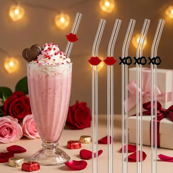 KKFEN-6 Pcs Valentine's Day Glass Straws Red Lips XO Icon Straws Cute Reusable 8" Shatter Resistant Clear Bent Juices Glass Straw for Lover Drink Valentine Party Supplies Gift