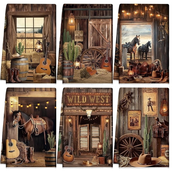 KKFEN-6 Pcs Western Cowboy Scene Kitchen Towel Wooden House Barn Vintage Themed Dish Towel Bathroom Decorative Rustic Cloths for Kitchen Bathroom Home Housewarming Gift 14 x 21 Inch