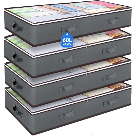 KKFEN-60L Under Bed Storage Containers, Storage Bins with Clear Lids, Foldable Closet Organizers Storage Bags for Bed Sheets, Clothes, Blankets, Shoes, Comforter, Sweaters, Wrapping Paper