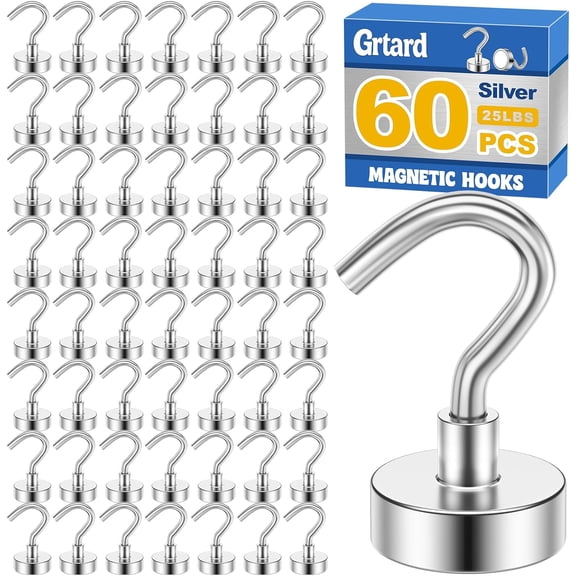 KKFEN-60Pack Magnetic Hooks Heavy Duty, 25LBS Neodymium Magnet Hooks for Cruise, Strong Magnetic Hooks for Hanging, Magnets with Hooks for Home, Kitchen, Workplace, Office