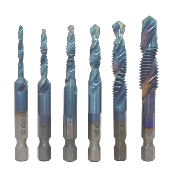 KKFEN-6PCS 1/4 inches HSS Spiral Hex Shank Combination Drill Screw Tap Bit Set, Metric Thread M3 M4 M5 M6 M8 M10 Screw Tapping bit Tool, Blue, M3-M10