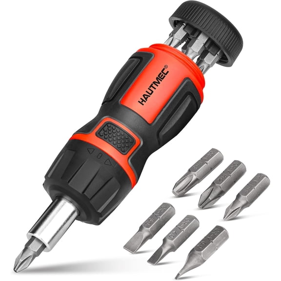 KKFEN-7-in-1 Stubby Ratcheting Screwdriver Set, Ratchet Short Screwdriver Set with Multi Bit Screw Driver Tool All in One, Chrome Vanadium Steel Shaft 3PCS Phillips and 3PCS Slotted