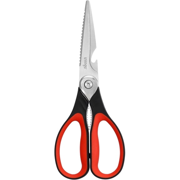 KKFEN-8.5 Inch Kitchen Scissors Heavy Duty - Multi-Purpose Food Shears with Serrated Blades, Nut Cracker, Fish Scaler, Bottle Opener, Black & Red Handle