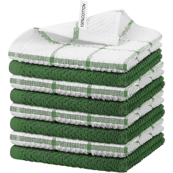 KKFEN-8 Pack Dish Cloths for Washing Dishes, 100% Cotton Reusable Cleaning Rag, Quick Drying Dish Towels for Kitchen,12x12 Inches,Green