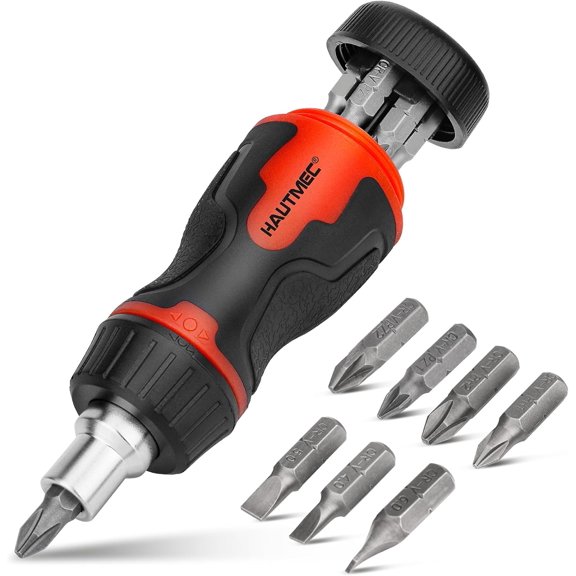 KKFEN-8-in-1 Stubby Ratcheting Screwdriver Set, Multi Screwdriver Tool All in One, Ratchet Short Screwdriver Set with Multi Bit Screw Driver for Use in Confined Space, Chrome Vanadium Steel Shaft