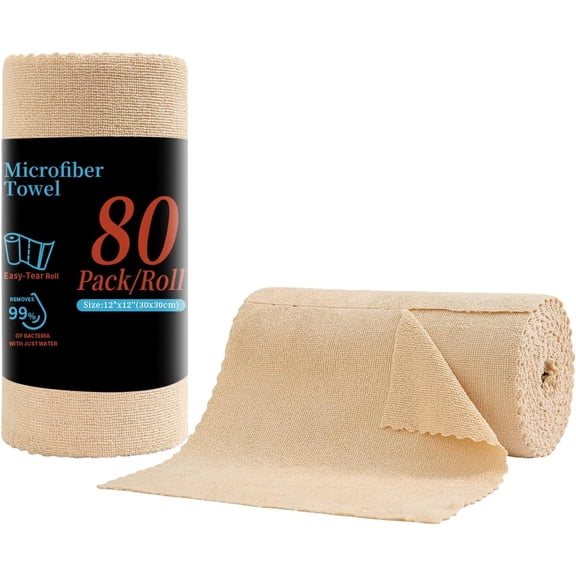KKFEN-80 Pack Microfiber Cleaning Cloth Roll,Lint Free Rags & Tear Away Reusable Towels Washable Scratch,Ultra Absorbent Dish Rags(12" x 12") for Car Kitchen Home Garage-Apricot Yellow