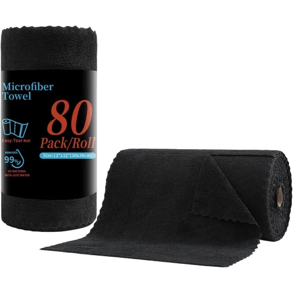 KKFEN-80 Pack Microfiber Cleaning Cloth Roll,Lint Free Rags & Tear Away Reusable Towels Washable Scratch,Ultra Absorbent Dish Rags(12" x 12") for Car Kitchen Home Garage-Black