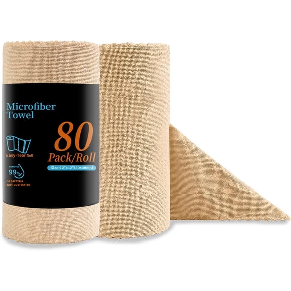 KKFEN-80 Pack Microfiber Cleaning Cloth Roll Reusable Paper Towels 12"x12" Tear Away Cloth, Microfiber Towels for Cars, Wash Cloths, Lint Free Rags for House, Kitchen,Window,Cleaning Supplies