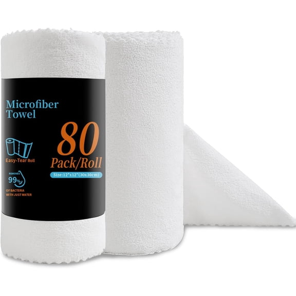 KKFEN-80 Pack Microfiber Cleaning Cloth Roll White Reusable Paper Towels 12"x12" Tear Away Cloth, Microfiber Towels for Cars, Wash Cloths, Lint Free Rags for House, Kitchen,Window,Cleaning Supplies