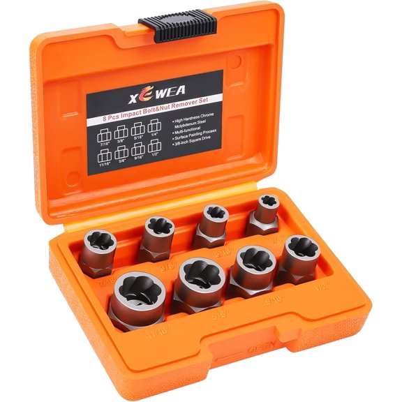 KKFEN-8PCS 3/8" Drive Impact Bolt & Nut Remover Set, Bolt Extractor Set Tool for Removing Stripped, Damaged, Rounded off and Broken Bolts & Nuts with Storage Case