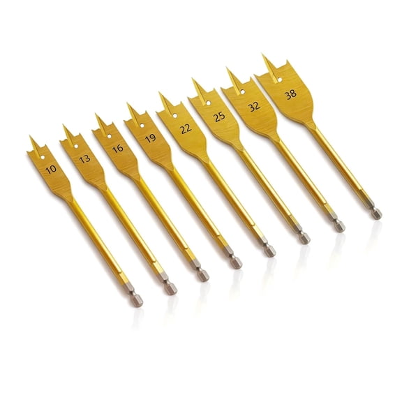 KKFEN-8Pcs Woodworking Drill Bits Set, Spade Drill Bit Set 3/8" to 1-1/2", Paddle Bit Set, Hole Cutter, Titanium Coated, Carbon Steel, 1/4" Hex Shank, Includes Storage Pouch, Ideal Wood Drilling Tool