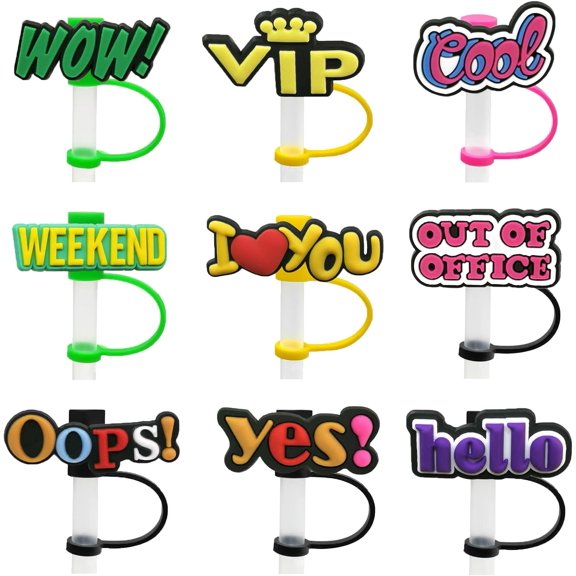 KKFEN-9Pcs Straw Cap Covers, Silicone Straw Stopper, Word Straw Cover, Reusable Drinking Straw Caps Lids, Dust-Proof Straw Plugs for 7-8 mm Straws, Portable Straw Tips Decoration