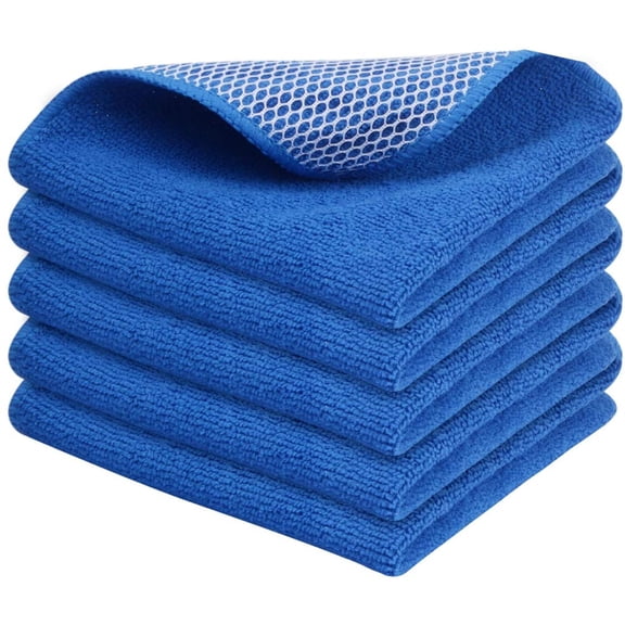 KKFEN-Absorbent Microfiber Dish Cloths for Washing Dishes Best Kitchen Cloths Cleaning Cloth with Poly Scour Side 12Inchx12Inch 5 Pack Dark Blue