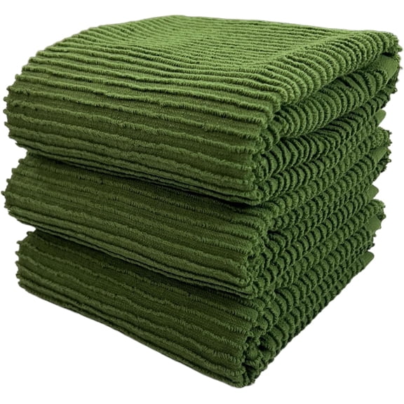 KKFEN-Avocado Forest Green Kitchen Hand Dish Towels: Oversized 28" x 18",100% Cotton Cloth Soft Cleaning Drying Absorbent Ribbed Design, Set of 3 Multipurpose for Everyday Use (Moss Green)