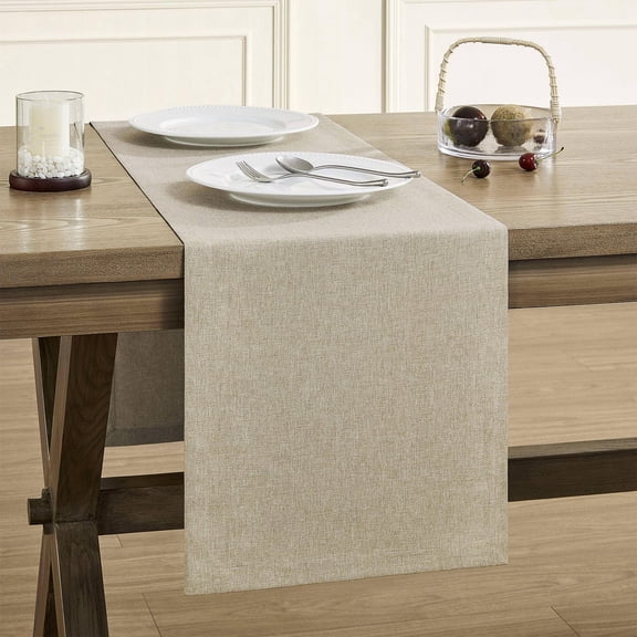 KKFEN-Basic Linen Style Table Runner, 14 x 108 Inch Natural Chambray, Rustic Farmhouse Neutral Beige Table Runners 108 Inches Long, Everyday Polyester Table Runner - Machine Washable & Easy Care