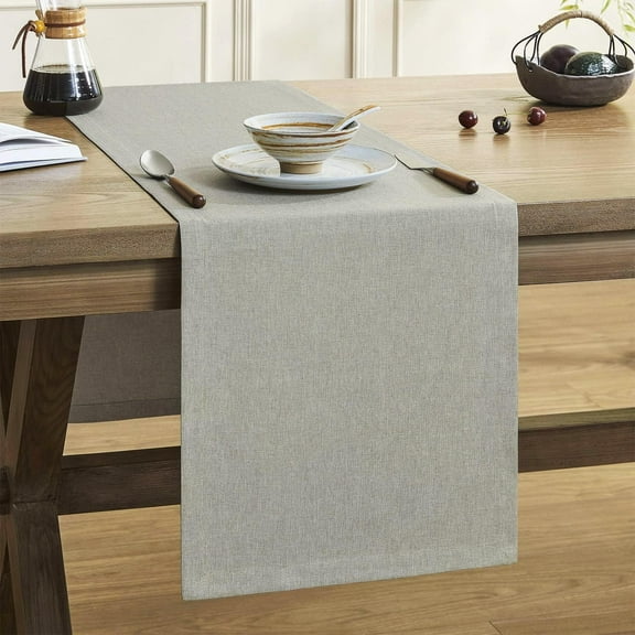 KKFEN-Basic Linen Style Table Runner, 14 x 108 Inch Vintage Grey Chambray, Rustic Farmhouse Grey Table Runners 108 Inches Long, Everyday Polyester Table Runner - Machine Washable & Easy Care