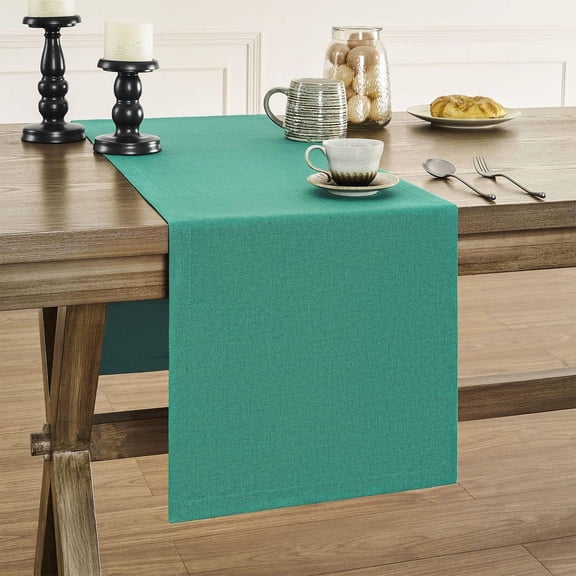 KKFEN-Basic Linen Style Table Runner, 14 x 60 Inch Teal Chambray, Rustic Farmhouse Teal Table Runners 60 Inches Long, Everyday Polyester Table Runner - Machine Washable & Easy Care