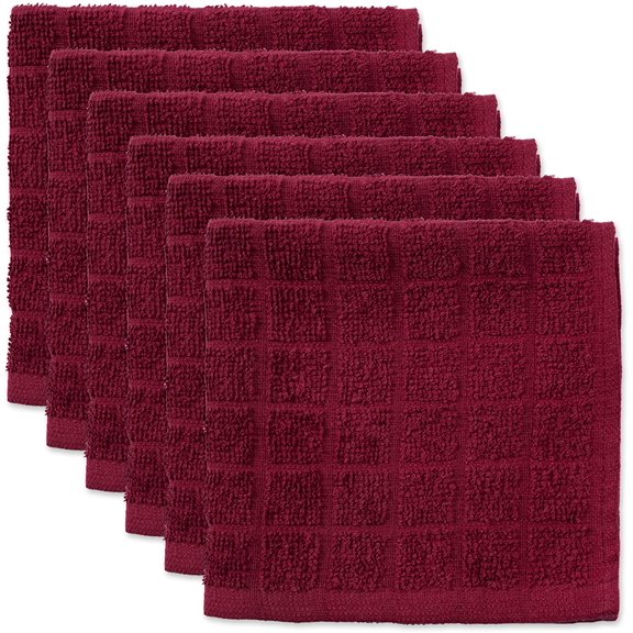 KKFEN-Basic Terry Collection Solid Windowpane Dishcloth Set, 12x12, Wine, 6 Piece