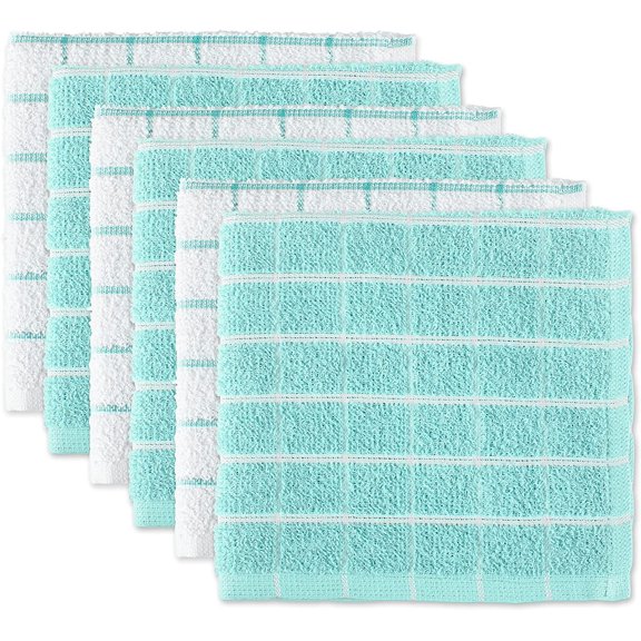 KKFEN-Basic Terry Collection Windowpane Dishcloth Set, 12x12, Aqua, 6 Piece