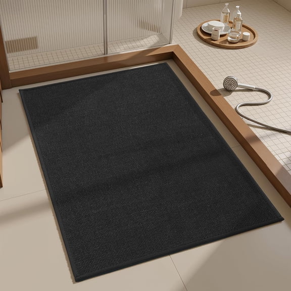 KKFEN-Bath Mat, Ultra Absorbent Quick Dry Bathroom Floor Mats-Upgraded Thin Cozy Cloth Bathroom Mat(Black,16"x24")