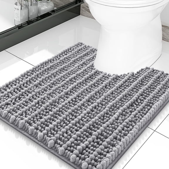 KKFEN-Bathroom Toilet Rugs U Shaped 20x20, Extra Soft Absorbent Non Slip Rubber Backing Chenille Contour Bath Rugs for Toilet, Machine Washable Contoured Bath Mats, Grey