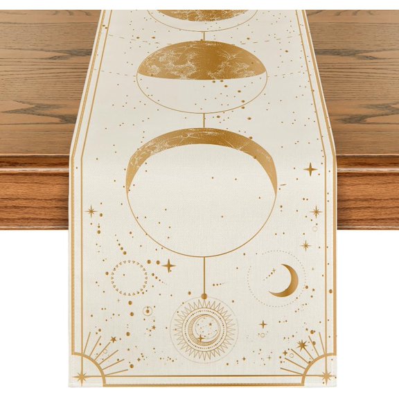 KKFEN-Beige Astrology Moon Magic Art Table Runner, Seasonal Mystical Gothic Kitchen Dining Table Decoration for Home Party Decor 13x72 Inch