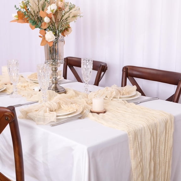KKFEN-Beige Cheesecloth Table Runner Boho Gauze Chiffon 120 Inch 10FT Table Runner for Wedding Decorations