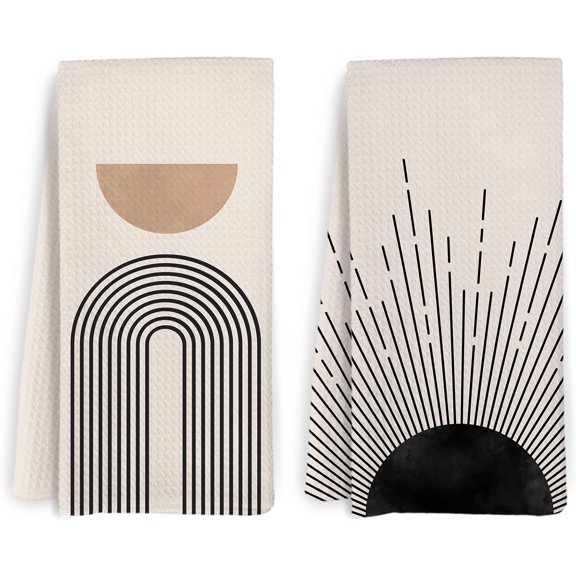 KKFEN-Black Beige Boho Abstract Kitchen Towels and Dishcloths Set of 2, Mid Century Modern Dish Towels, Bohemian Abstract Sun Decorative Hand Tea Towel for Bathroom Kitchen, 16x24 Inches