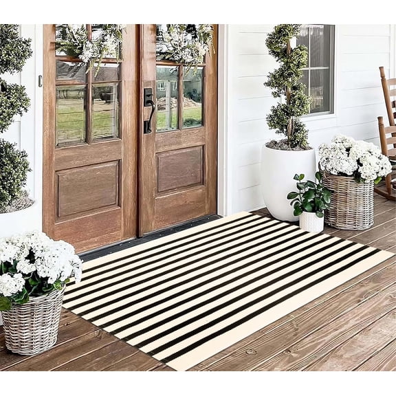 KKFEN-Black and Beige Outdoor Rug 24'' x 51'' Front Porch Mat Layered Doormat Cotton Woven Washable Rug Door Mats Outdoor for Entryway/Laundry Room/Bedroom