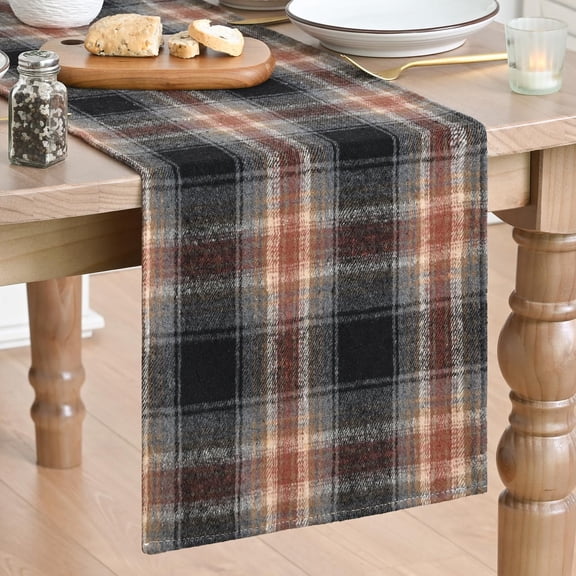 KKFEN-Black Rust Farmhouse Plaid Retro Fall Table Runner, Autumn Rustic Holiday Check Kitchen Dining Table Decoration for Home Party Decor 13x108 Inch