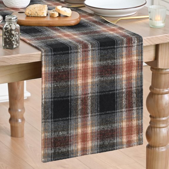 KKFEN-Black Rust Farmhouse Plaid Retro Fall Table Runner, Autumn Rustic Holiday Check Kitchen Dining Table Decoration for Home Party Decor 13x48 Inch