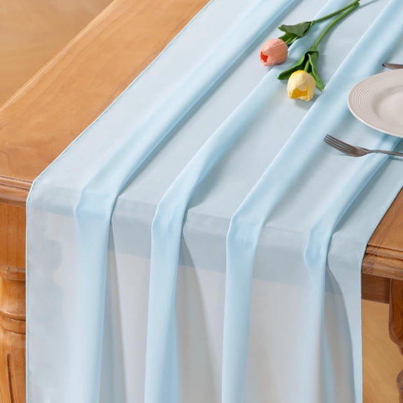 KKFEN-Blue Chiffon Table Runner Fall Thanksgiving Boho Rustic 10ft 29x120 Inches Wedding Runner Sheer Bridal Shower Decorations