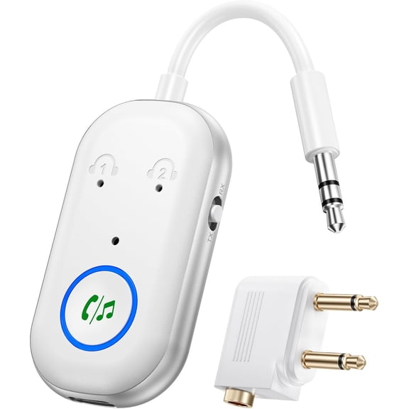 KKFEN-Bluetooth Transmitter Receiver, 3.5MM to Bluetooth 5.3 Transmitter, 2 in 1 Airplane Adapter for Headphone, TV, Airplane, Home Stereo, Speakers, Headphone, Car, Dual Connection (White)